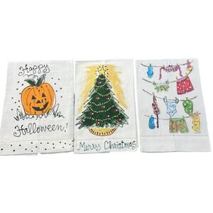 Holiday Hand Painted Towels Decor Lot 3‎ Christmas Halloween Beach NWOT